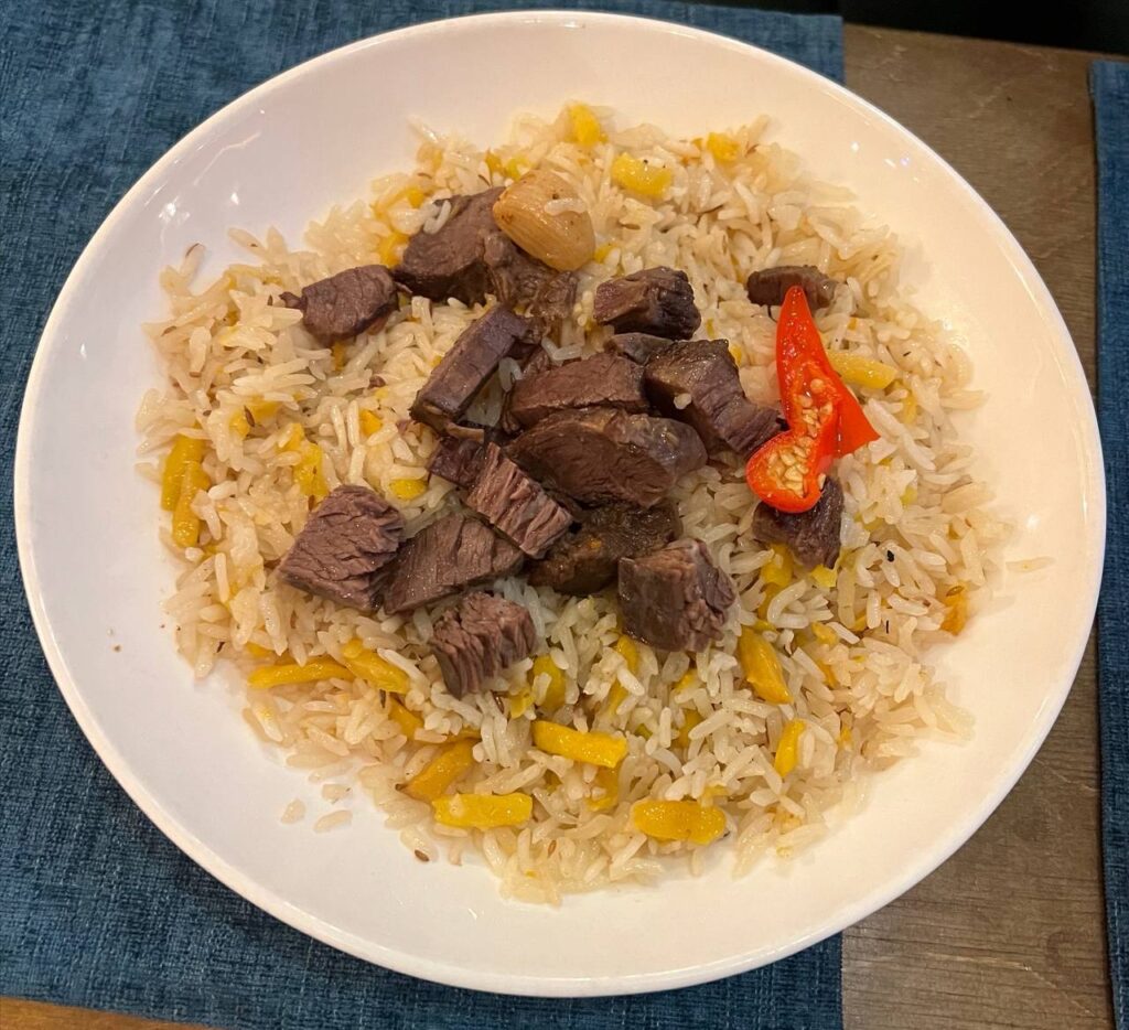 kyrgyz plov with meat and vegetables