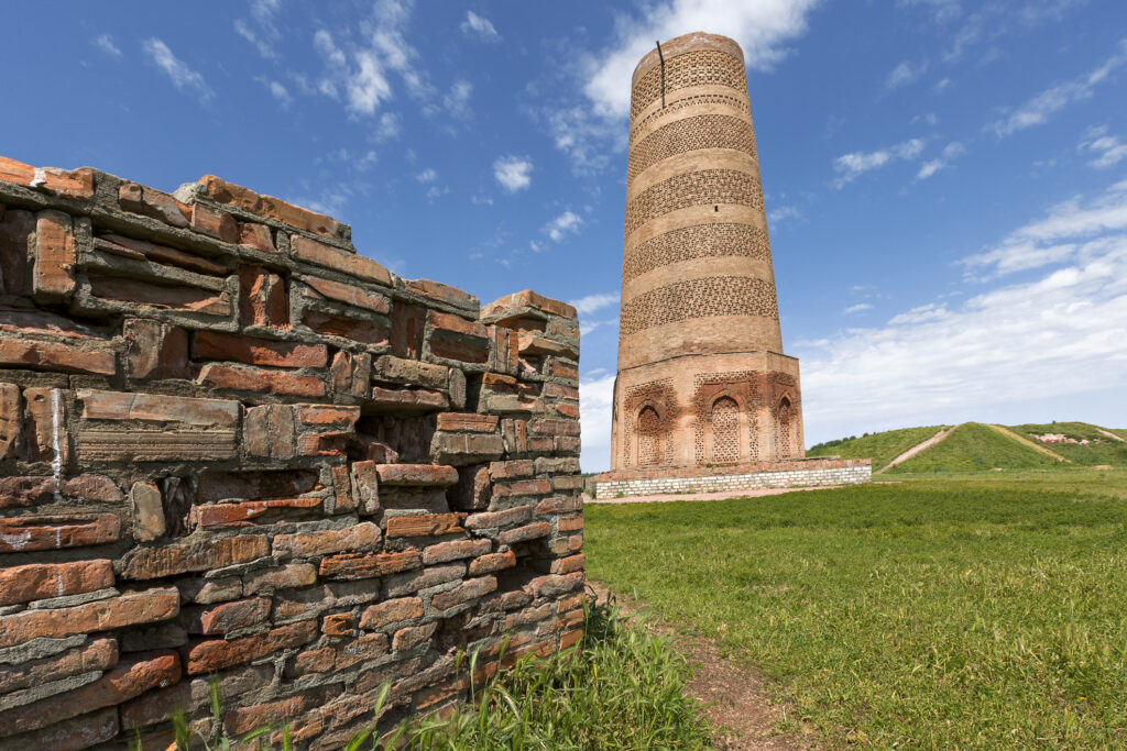 Minaret known as Burana Tower in the ruins of Balasagun in Kyrgyzstan.