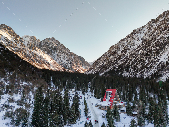Ala Archa national park during winter, mountains, snow, forest, Bishkek Kyrgyzstan