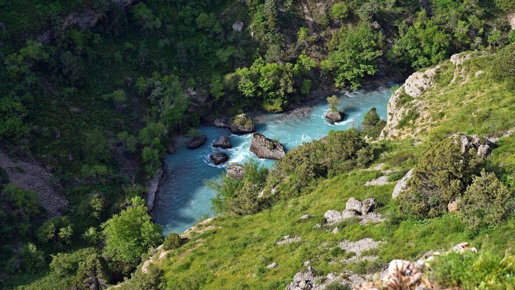 mountain river, canyon, aksu, stones, mountains, green, nature, summer, water, height, kazakhstan, river, descent, stone, kazakhstan, kazakhstan, kazakhstan, kazakhstan, kazakhstan