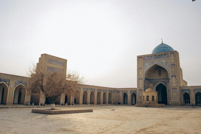 Breathtaking capture of Po-i-Kalyan Mosque courtyard in Bukhara, Uzbekistan, showcasing Islamic architecture.