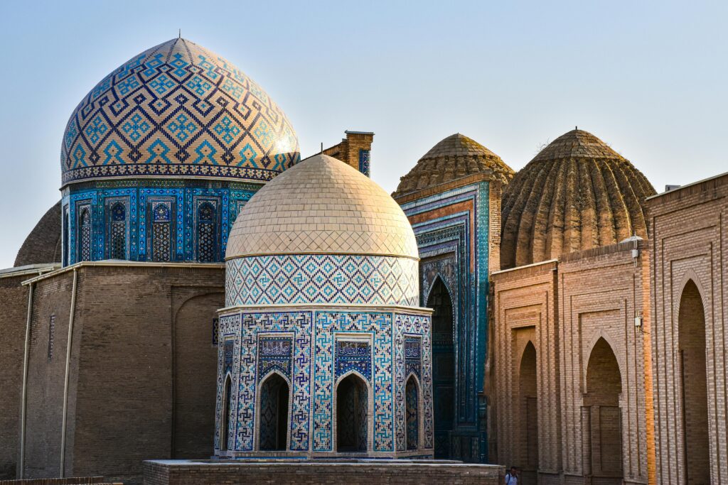 Stunning view of the historic Shah-i-Zinda mausoleum complex in Samarkand, Uzbekistan.