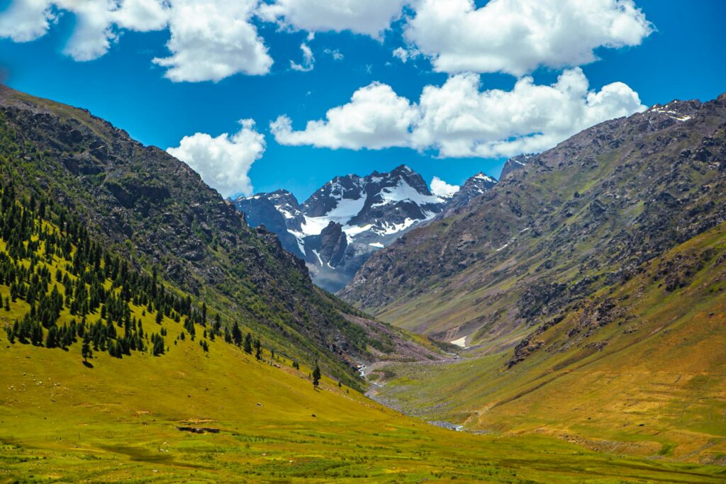 Scenic view of Alay Valley with dramatic snow-capped peaks under a vibrant blue sky.