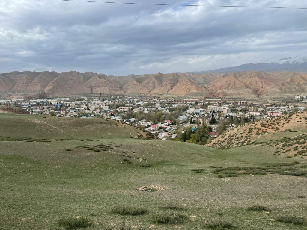 A picturesque view of Naryn city surrounded by hills and greenery under a cloudy sky.
